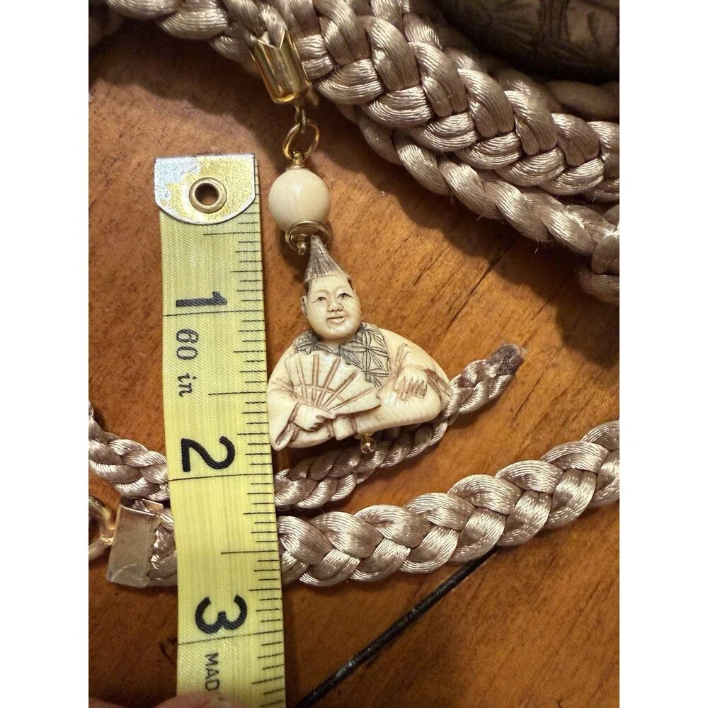 Vintage Japanese Netsuke Man Holding Fan Signed Very Long Cord Braided